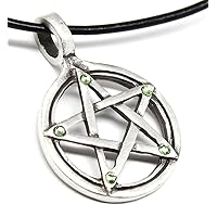 Pewter Pagan Pentagram Pendant on Leather Necklace with 5 Swarovski Crystal Birthday
