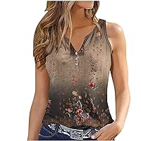 Women Retro Floral Button V-Neck Casual Tank Tops Summer Fashion Print Dressy Sleeveless Pullover Vest T-Shirts