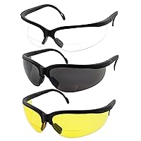 grinderPUNCH 3 Pairs Combo Bifocal Safety Reading Glasses - Assorted Colors Clear Black Yellow Lens - With Side Cover