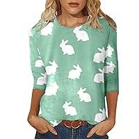 Easter Shirts for Women 3/4 Sleeve Blouse Cute Bunny Rabbit Graphic Tees Crew Neck Casual Shirts Fashion Funny Tops
