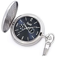 Classic Brushed Satin Engravable Pocket Watch with 14 inch Chain, Seconds Hand, Day and Date Sub-Dials with Custom Engravable Options