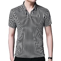Men's Striped Henley Shirts Band Collar Short Sleeve Pullover Shirt Casual Beach Shirt Hippie T Shirt Fashion Shirt