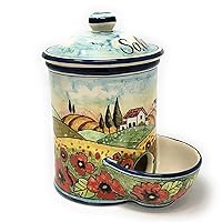 CERAMICHE D'ARTE PARRINI- Italian Ceramic Jar Salt Holder Decorated Poppies Landscape Hand Painted Made in ITALY Tuscan Art Pottery