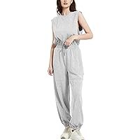 Flygo Womens Casual Jumpsuit Crewneck Cap Sleeve Long Wide Leg Pants One Piece Outfits Drawstring Romper with Pockets