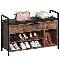 EasyCom Wooden Shoe Cabinet with Cushion- Shoe Bench with armrests and Storage- Multifunctional Shoe Storage for Entryway Bedroom Living Room, Rustic Brown