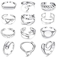 Kakonia 12Pcs Adjustable Rings for Women Gold Plated Chunky Rings Snake Croissant Stackable Adjustable Open Rings Statement Band Rings Jewellery Set