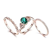 3pcs Wedding Ring Set,Emerald Engagement Ring,8mm Round,14k Rose Gold,Art Deco Diamond Matching Band