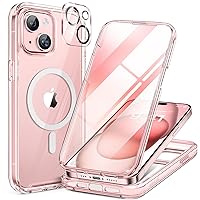 Miracase Glass Series for iPhone 15 Case [Compatible with MagSafe] Full-Body Magnetic Case with Built-in 9H Tempered Glass Anti-Fingerprint Screen Protector + Camera Lens Protector, Transparent Pink