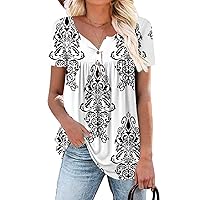 Mystry Zone Womens Henley V Neck Casual Blouse Button Down T Shirts Flare and Flowy Tops