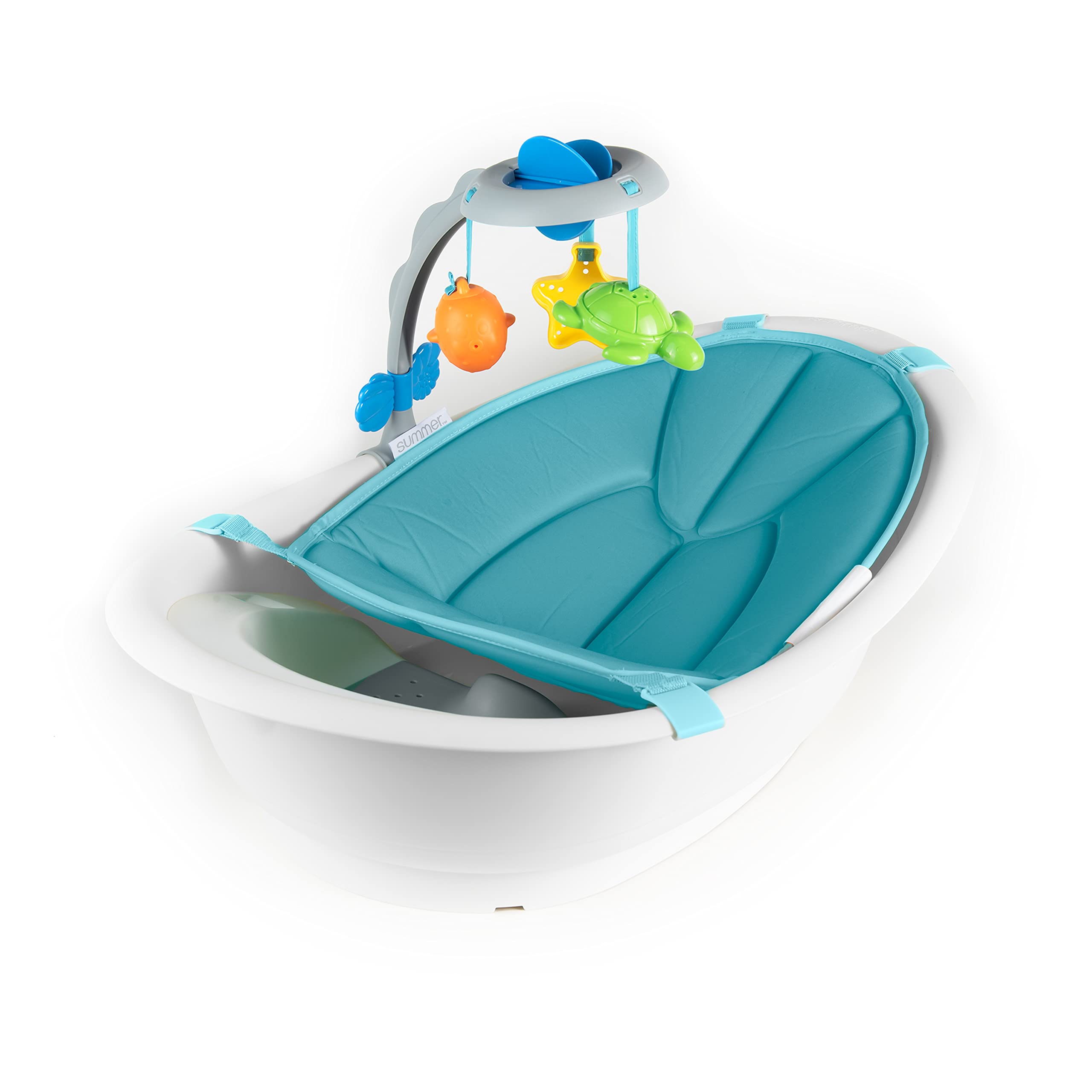 Summer Gentle Support Multi-Stage Tub with Toys - for Ages 0-24 Months - Includes Soft Support, Toy bar and Bath Toys, A Hook for Storage and Dying, and A Drain Plug, White/Blue, One Size