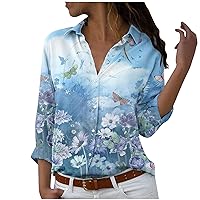 Women's Blouses for Work Printed Button Lapel Long Sleeve Loose Casual Top Shirt Dressy Tops and Blouses