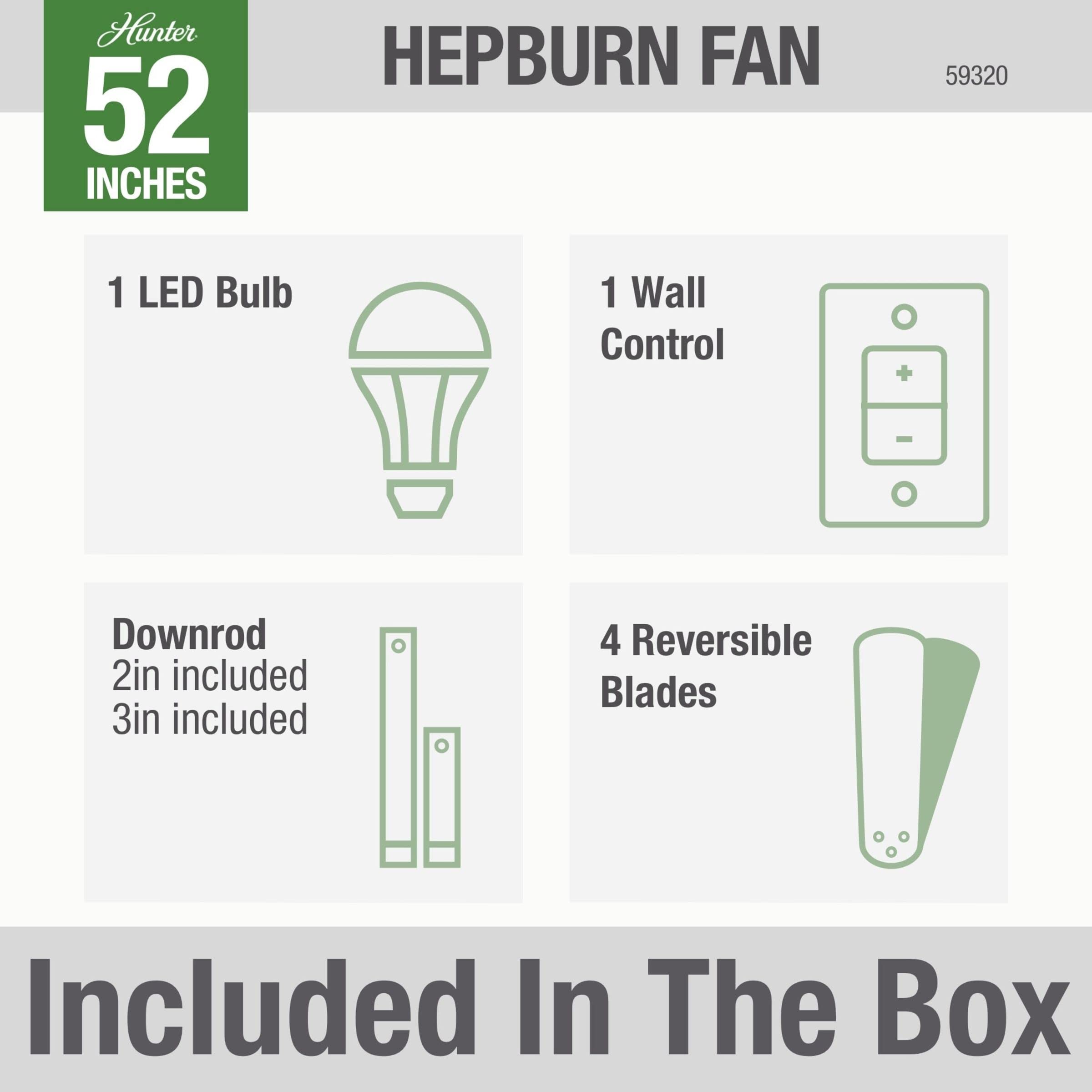 Hunter Fan Company, 59320, 52 inch Hepburn Modern Brass Ceiling Fan with LED Light Kit and Wall Control