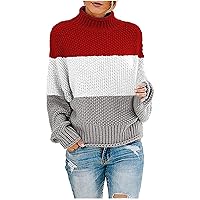 Women's Fall Winter Turtleneck Sweaters Color Block Cute Pullover Jumpers Long Sleeve 2023 Fashion Knit Sweater Tops