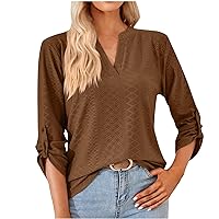 Women's Long Sleeve Fashion Jacquard Fitted Shirts Adjustable Sleeve V-Neck Casual Loose Solid Color Dressy Tops