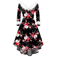 Ugly Christmas Dress for Women Furry V Neck Long Sleeves High Low Cocktail Party Dress Xmas Holiday Dresses for Xmas