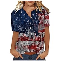 Women's Short Sleeve Blouse Down Fashion Casual Vintage Independence Day Print Short Shirts Blouse Shirts, S-4XL