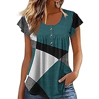 Women Summer Tops Oversized Button Down Shirts for Women Womens Summer Blouses Plus Size Short Sleeve Tops Loose Tunic Printed Button Round Neck T-Shirts Dark Green Large