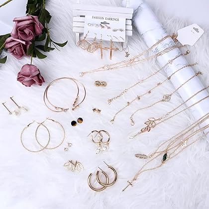 AROIC 38 PCS Gold Jewelry Set with 4 PCS Necklace,10 PCS Bracelet,24 PCS Layered Ball Dangle Hoop Stud Earrings for Women Girls Fashion and Valentine Birthday Party Gift