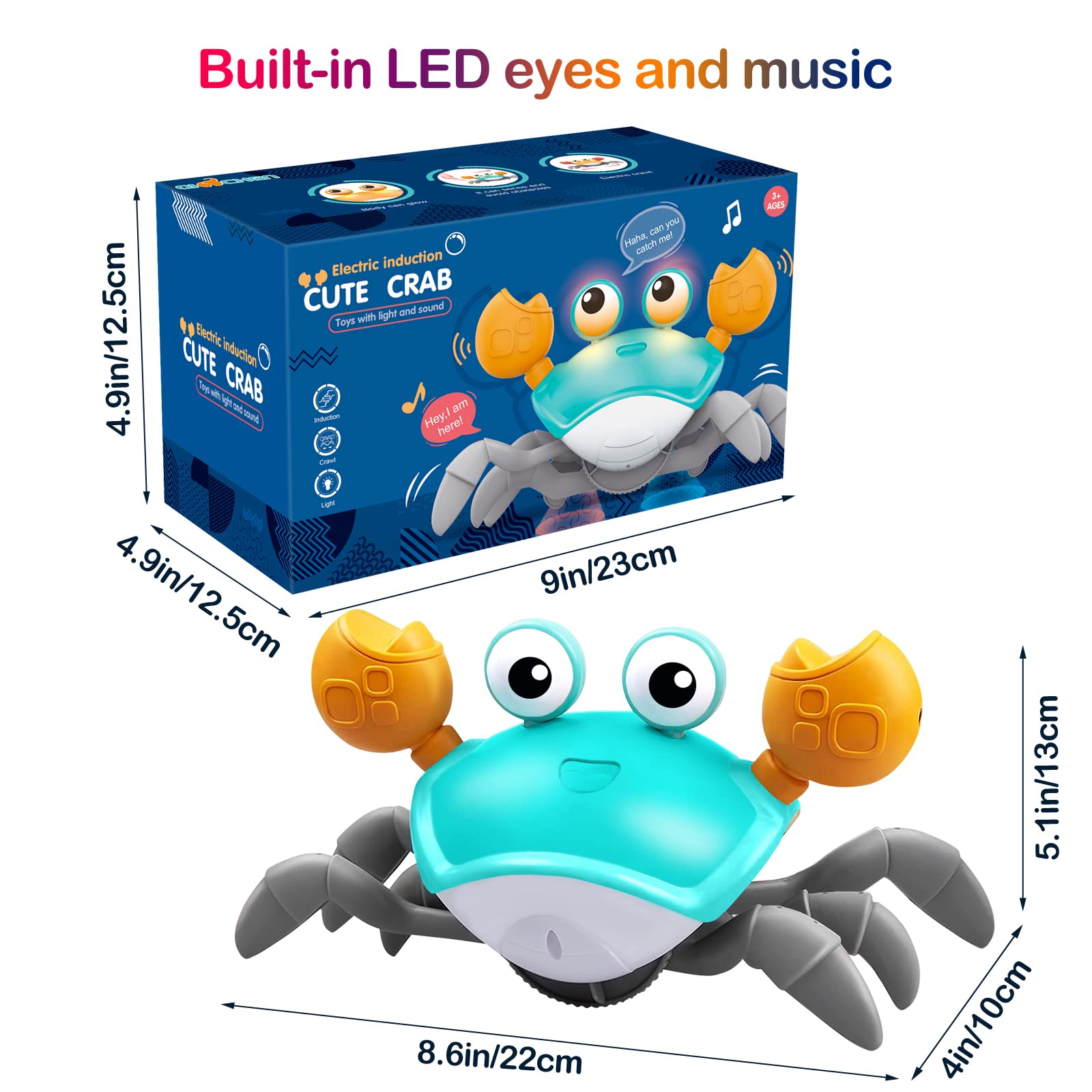 Plnmlls Crawling Crab Baby Toy,Tummy Time Baby Toys with Music and LED Light Will Automatically Avoid Obstacles,Build in Rechargeable Battery for Toddler Interactive Development Toys