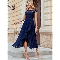 Women's Dress Embroidered Mesh Bodice Ruffle Hem Prom Dress Dress for Women (Color : Navy Blue, Size : X-Large)