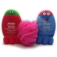 Kids Bath & Body Wash Bundle by Raw Sugar, (1) Strawberry Vanilla, (1) Super Berry Cherry 12 oz Each + Loofah