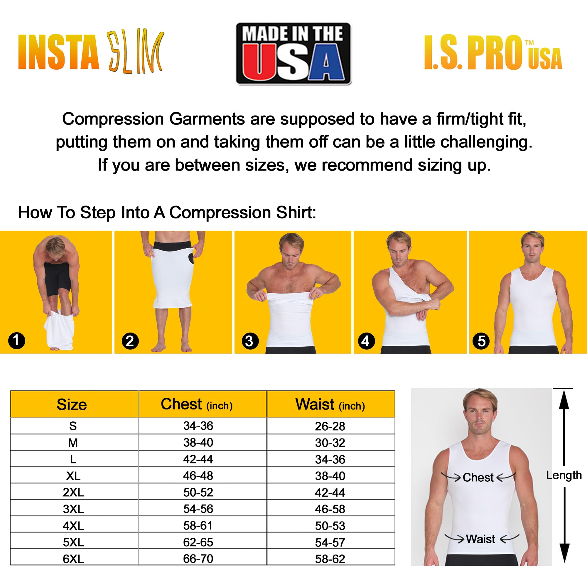 Insta Slim - Made in USA - Mens Body Shaper Compression Shirt, Back & Hernia Support, Slimming Gynecomastia