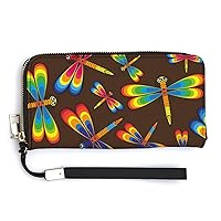 LGBT Rainbow Dragonflies Print RFID Blocking Wallet Slim Clutch Wristlet Travel Long Purse for Women Men