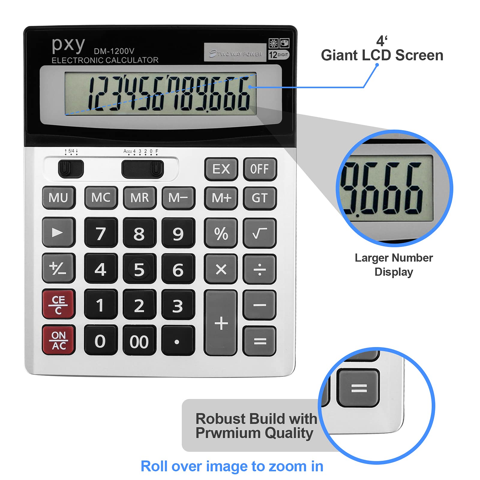 Desk Calculator 12 Digit Extra Large LCD Display, Touch Comfortable with Big Buttons, PXY Two Way Power Battery and Solar Standard Function Office Calculators