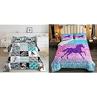 Erosebridal Horse Twin Bedding Sets for Girls Cowgirl Teal Blue Purple (2 Horse Comforter and 2 Pillow Cases)