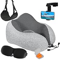Airplane Neck Pillow Includes Travel Pillow + Airplane Phone Holder Mount + Eye Masks + Foot Hammock + Earplugs for Travel, 100% Pure Memory Foam Travel Pillow, 6 Pc Travel Kit