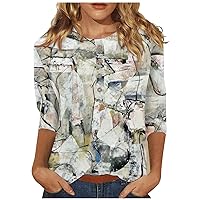 Womens 3/4 Sleeve Tops Fashion Casual Button Down Summer Shirts Loose Fit Flora Three Quarter Length Sleeve Blouse