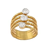 0.50 CTW Natural Diamond Polki Multi Band Three Stone Ring 925 Sterling Silver 14K Gold Plated Slice Diamond Jewelry