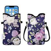 Men Women Neoprene Phone Sleeve Pouch Case Bag with Crossbody Strap/Neck Lanyard for iPhone 15/14 Pro Max, 15/14 Plus, Samsung S24+, S23, A54, Z Fold5, Google Pixel 8 (Purple Floral)