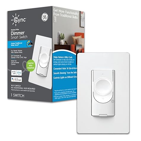CYNC Smart Dimmer Light Switch, Neutral Wire Required, Bluetooth and 2.4 GHz WiFi 4-Wire Switch, Works with Amazon Alexa and Google Home, White (1 Pack)