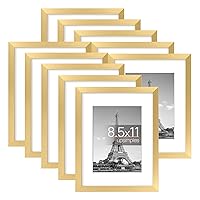 upsimples 8.5x11 Picture Frame Set of 10, Display Pictures 6x8 with Mat or 8.5x11 Without Mat, Multi Photo Frames Collage for Wall or Tabletop Display, Real Glass, Gold
