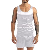ACSUSS Men's Silk Satin Pajamas Set Sleeveless Racerback Tank Top Sleepwear with Boxer Shorts