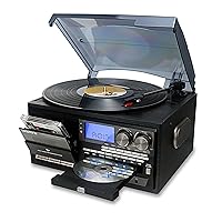 LoopTone Vinyl Record Player 10 in 1 3 Speed Bluetooth Vintage Turntable CD Cassette Player AM/FM Radio USB Recorder Aux-in RCA Line-Outt (Black-Grey)