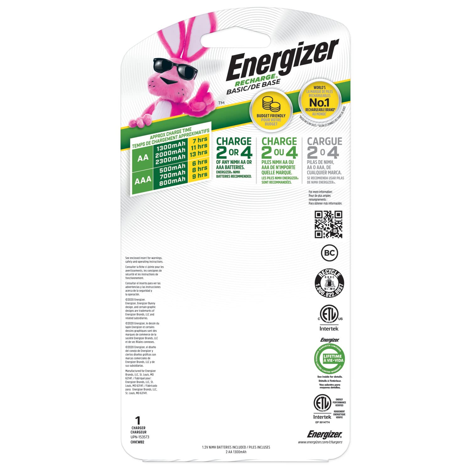 Energizer Recharge, Basic Charger for Rechargeable Batteries, 1 Count