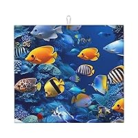 Tropical Fishes Dish Drying Mat Absorbent Microfiber Dishes Drainer Mats for Kitchen Counter Dish Draining Mat Heat Resistant Dish Rack Mat with Non-slip Rubber Backed