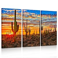 KREATIVE ARTS Large 3 Piece Canvas Wall Art Beautiful Sunset Landscape of National Park Arizona Sonoran Desert Cactus Pictures Stretched for Home Office Decor 16x32inchx3pcs