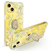 GVIEWIN Bundle - Compatible with iPhone 14 Case with Screen Protector & Camera Lens Protector(Peach Blossom/Yellow)+ Phone Ring Holder(Golden Glitter)