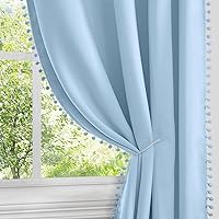 HOMEIDEAS Light Blue Pom Pom Blackout Curtains 52 x 84 Inches Long Cute Baby Blue Curtains for Kids Nursery Grommet Room Darkening Window Curtains 2 Panels for Bedroom/Living Room