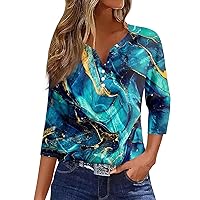 3/4 Sleeve T Shirts for Women Relaxed Fit Button Down Tshirts V Neck Printed Shirts Fashion Summer Blouses
