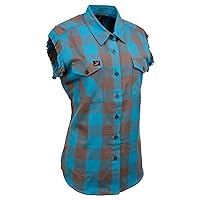 Milwaukee Leather MNG21623 Women's Flannel Brown/Aqua Button Down Sleeveless Cut Off Shirt w/Frill Arm