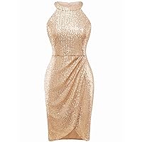 Bbonlinedress Women Sequin Cocktail Homecoming Halter Sparkly Prom Club Bodycon Ruched Wrap Wedding Dress