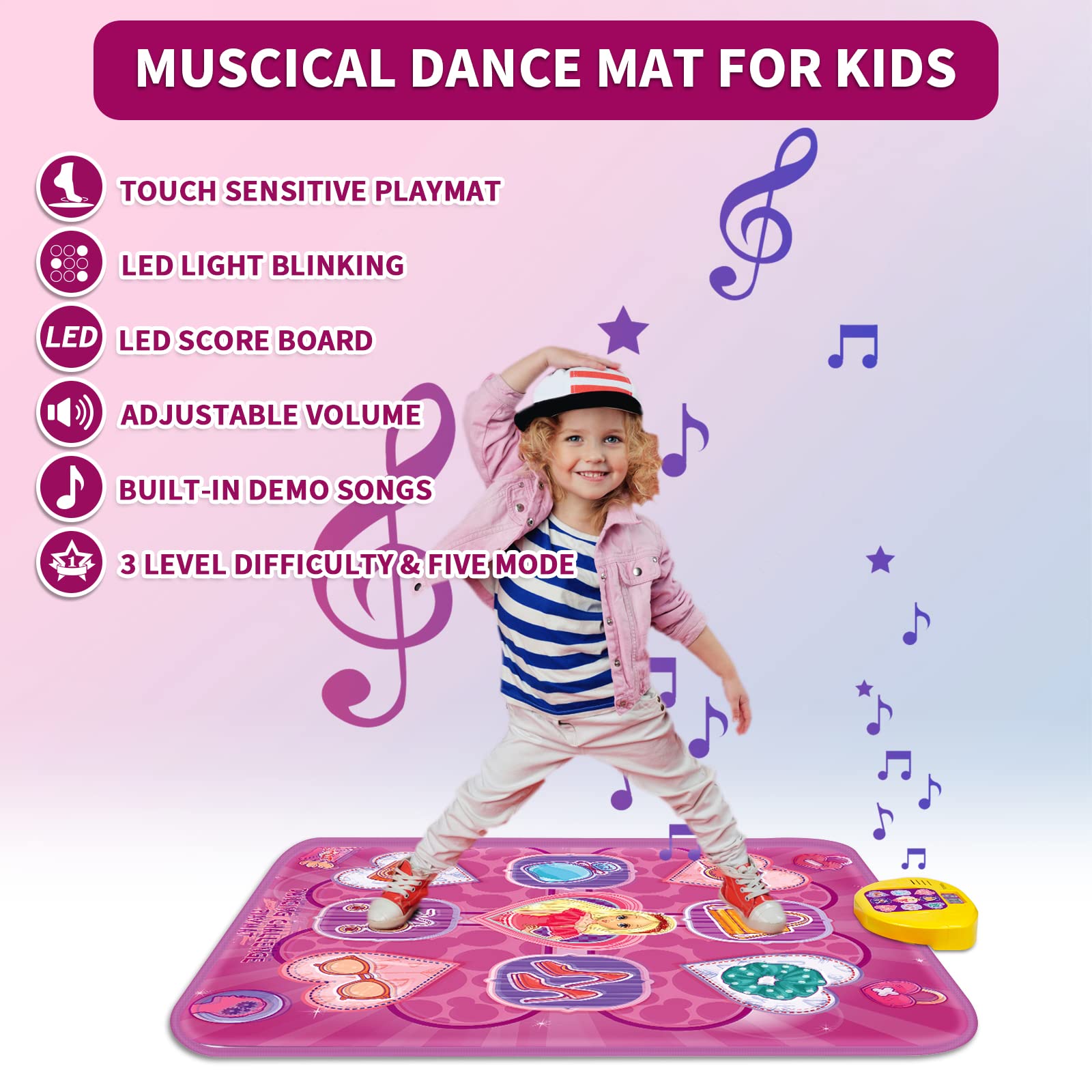 Dance Mat,Toys for 3 4 5 6 7+ Year Old Girls,Dance Mat for Kids,Electronic Music Dance Pad Toy with LED Lights,5 Game Modes Princess Dancing Mat,Birthday Xmas Gifts for Age 3-8 Year Old Girls