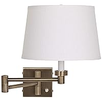 Barnes and Ivy Modern Indoor Swing Arm Wall Lamp with Cord Antique Brass Plug-in Light Fixture Dimmable White Linen Drum Shade for Bedroom Bedside House Reading Living Room Home Hallway Dining