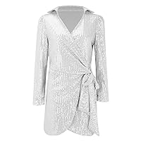 Women's Solid Color V Neck Lace Up Sequined Waist Long Sleeved Dress Short Wrap Dress for Women