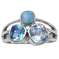 Natural Gem Stone Blue Topaz Larimar 925 sterling silver Ring Big Statement Ring