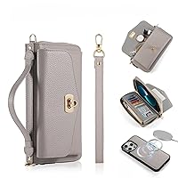 Wallet Case for iPhone 15 Pro Max/15 Pro/15 Plus/15 with RFID Blocking Card&Cash Slot Detachable Wrist Strap Shoulder Strap Support Magnetic Wireless Charging (15ProMax,Gray1)